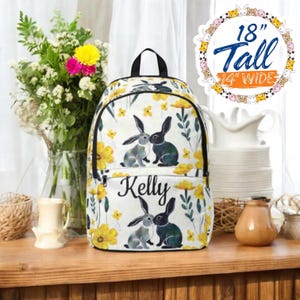 Personalized Bunny Backpack with Name Custom Floral Rabbit Design School Bag Cute Rabbit Lover Gift Yellow Flower Print Kids Backpack