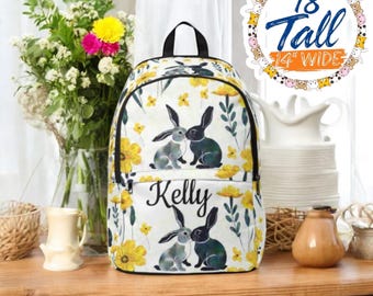 Personalized Bunny Backpack with Name Custom Floral Rabbit Design School Bag Cute Rabbit Lover Gift Yellow Flower Print Kids Backpack