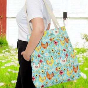Sac fourre-tout Poulet Cottagecore - Sac floral de jardin de poules pastel pastel de 18 pouces pour femme - Sac de marché grande capacité botanique de ferme de campagne