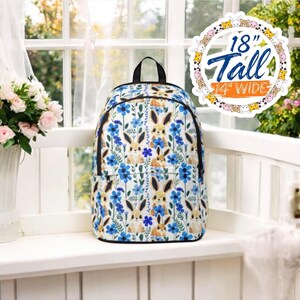 Adorable Bunny Backpack with Blue Floral Print, Cute Animal School Bag for Kids, Lightweight Backpack for Girls, Bunny and Flowers Bag
