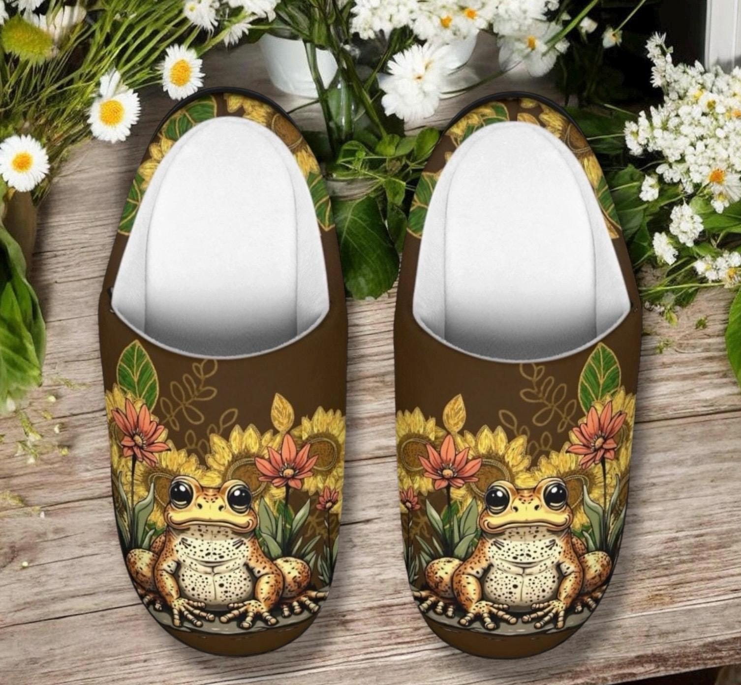 Cottagecore Toad Slippers, Sunflower Frog Slippers, Toad Lover