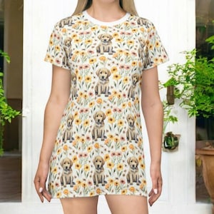 Yellow Labrador Puppy T Shirt Dress With Sunflower And Wildflower Print, Cute Floral Dog Nightgown Or Lounge Dress Gift