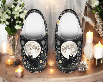 Celestial Witchy Black Cat Slippers for Women - Moon & Floral Print - Celestialcore Cottagecore Gift - Magick Indoor House Shoes