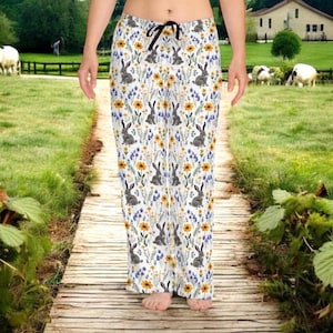 Botanical Bunny Pajama Pants, Cottagecore Floral Sleepwear image 1
