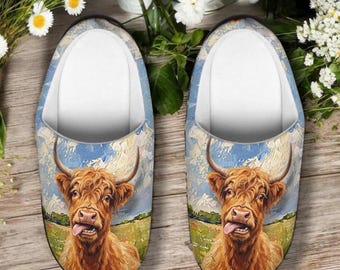 Pantuflas de vaca de las Tierras Altas totalmente ridículas, zuecos divertidos sin cordones, zapatos de casa con estampado de vaca escocesa, regalo para amantes de las vacas de las Tierras Altas, zuecos cómodos para interiores.