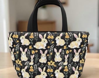 Bolsa de almuerzo con diseño de conejito estilo cottagecore, bolsa isotérmica con estampado de conejo de granja, regalo de conejito de Pascua, lonchera floral vintage, bolsa de almuerzo para chica campestre