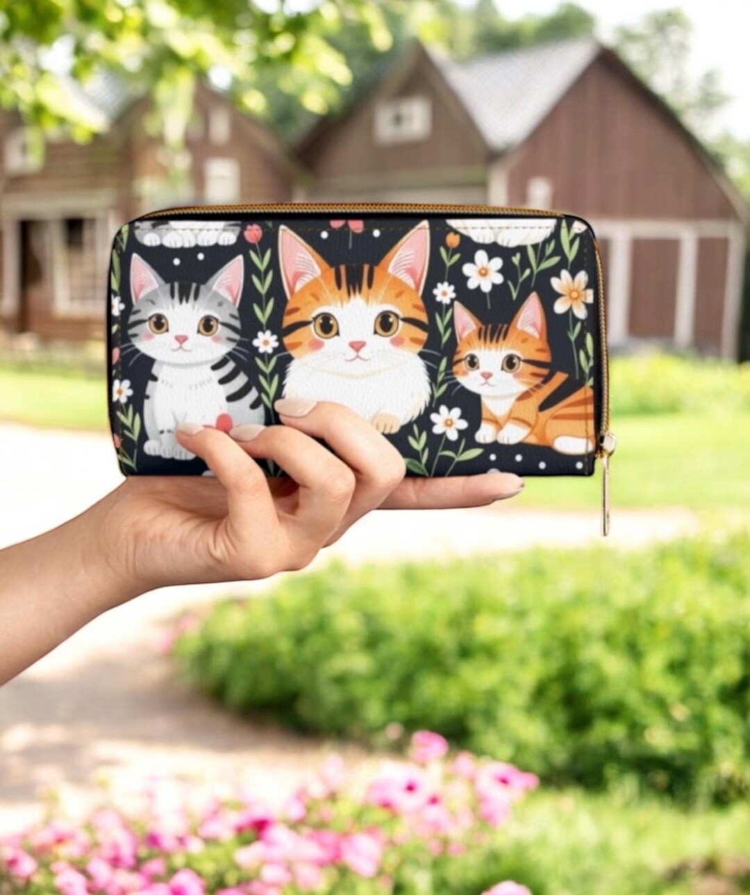 Tabby Cat Floral Wallet for Women, Zip Around Cat Lover Clutch With ...