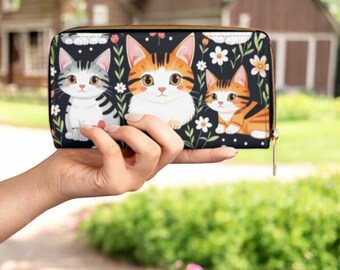 Cute Tabby Cat Floral Wallet - With Zipper Closure - Black Background Daisy Print Gift For Cat Lover Women Girls - Kawaii Cat Purse Gift
