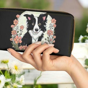 Cartera de mujer con cremallera larga, carteras ingeniosas, carteras grandes con cremallera, carteras de cuero vegano, libre de crueldad animal, perro border collie, pastor australiano