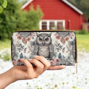 Cartera de piel vegana, monedero con cremallera de búhos bohemios, billetera de viaje con ranuras para tarjetas de crédito, billetera con diseño de búho nocturno, regalo de búho celestial, cremallera larga
