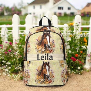 Personalized Horse Backpack for Girls with Name – Custom Chestnut Horse and Floral Print Bookbag for School, Travel, or Equestrian Gift