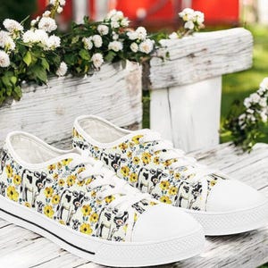 Holstein Cow Floral Sneakers for Women Cute Yellow Low Top Shoes with Calf Print Country Girl Farmcore Gift for Cow Lovers
