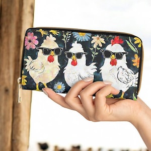 Cool Chickens, Vegan Leather, Creulty Free, Artistic Funny Chicken Design, Ladies Long Zip Around Travel Wallet, Small Purse, Card Holder