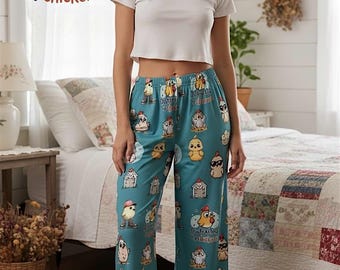 Funny Chicken Pajama Pants For Women, Chicken Lover Gift, Chicken Lady Lounge Pants, Farm Girl Pajamas, Cute Chicken Print Wide Leg Pants