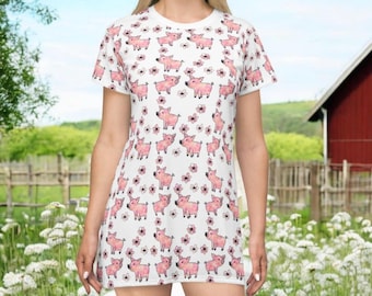 Pink Pig Pajama Dress for Women Cute Piglet Print Sleep Dress Kawaii Pastel Farm Animal Nightwear Cottagecore Pig Lover Gift