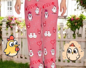 Chicken Lover Pajama Pants Soft Pink Hen Print Lounge Pants Relaxed Fit Sleepwear