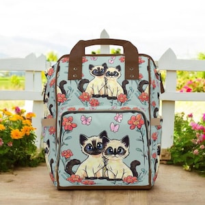 Cottagecore Floral Backpack with Siamese Cats Design, Botanical Kittycore Aesthetic, Pastel Blue Travel Bag, Cute Cat Lover Gift
