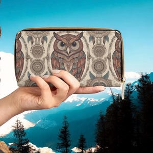 Cartera con cremallera de búho bohemio – Cartera con estampado animal místico del bosque – Monedero vintage con estampado de búho – Regalo para amantes de la naturaleza