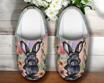 Floral Black Bunny Slippers, Watercolor Rabbit House Shoes, Cottagecore Black Bunny Slip On Clogs, Black Bunny Gift