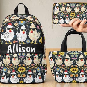 Personalized Chicken Backpack, Custom Name Floral Chicken School Bag, Funny Chicken Gift Set with Lunch Bag & Wallet, Chicken Lady Bag