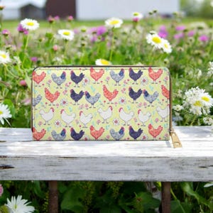 Pastel Chicken Wallet for Women | Farm Hen Zip Around Purse | Cottagecore Barnyard Clutch | Cute Chicken Lover Gift for Her