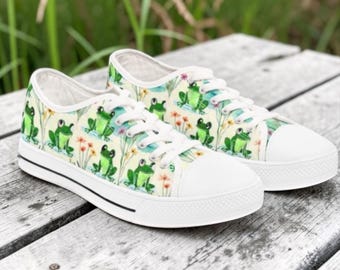 Frog Canvas Sneakers Women, Cute Frog Print Low Top Shoes, Green Frog Sneakers, Frogcore Shoes, Frog Lover Gift, Nature Print Sneakers