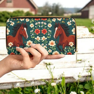 Diseño artístico de caballo marrón, cuero vegano, libre de crueldad, diseño artístico de caballo, billetera larga con cremallera personalizada para mujer, regalo