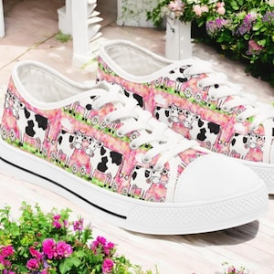 Pastel Cow Print Sneakers For Women - Holstein Farm Animal Shoes - Pink Floral Cute Casual Lace Up Low Top Dairy Cow Fashion Gift