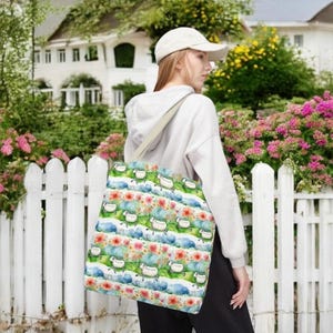 Colorful Sheep Tote Bag – Botanical Cottagecore 18” Shoulder Bag, Farmers Market Purse, Farm Animal Gift for Her, Country Chic Tote