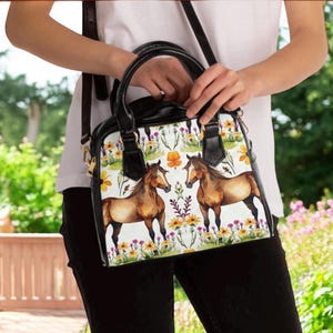 Watercolor Horse Print Purse with Floral Design, Small Equestrian Handbag with Shoulder Strap, Western Horse Lover Gift Tote Bag