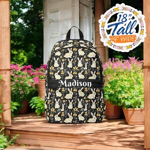 Personalized Bunny Backpack with Cute Rabbit and Floral Print, Custom Name Kids School Bag, Cute Bookbag for Girls or Women