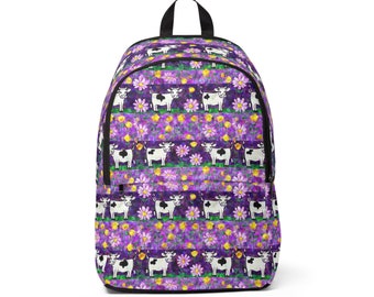 Purple Cows Unisex Fabric Backpack, Cow Knapsack, Cow Bookbag, Cow School Bag, Farm Animal Backpack, Cow School Supplies, Cow Print Bag