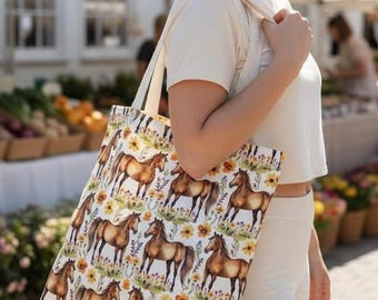 Pferd Einkaufstasche, Reitertasche mit Cottagecore Farmpferd Design, Western Country Mädchen Geschenk, wiederverwendbare Canvas Einkaufstasche