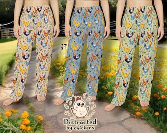 Womens Chicken Pajama Pants Cottagecore Floral Farm Sleepwear, Colorful Hen Rooster Lounge Pants, Country Cozy Pajamas Gift