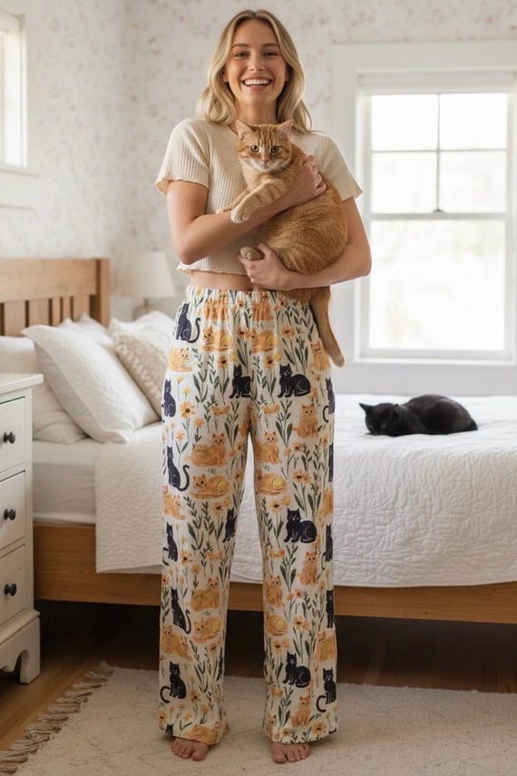 Orange Tabby Pajama Pants, Marmalade Cat Floral Lounge Pants, Black Cat Kittycore PJs, Ginger Cat Mom Gift