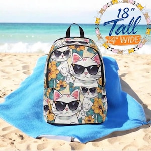 Cool Cat Backpack with Sunglasses – Cute Kitty Floral School Bag for Girls, Beach Travel Backpack, Summer Gift for Cat Lovers