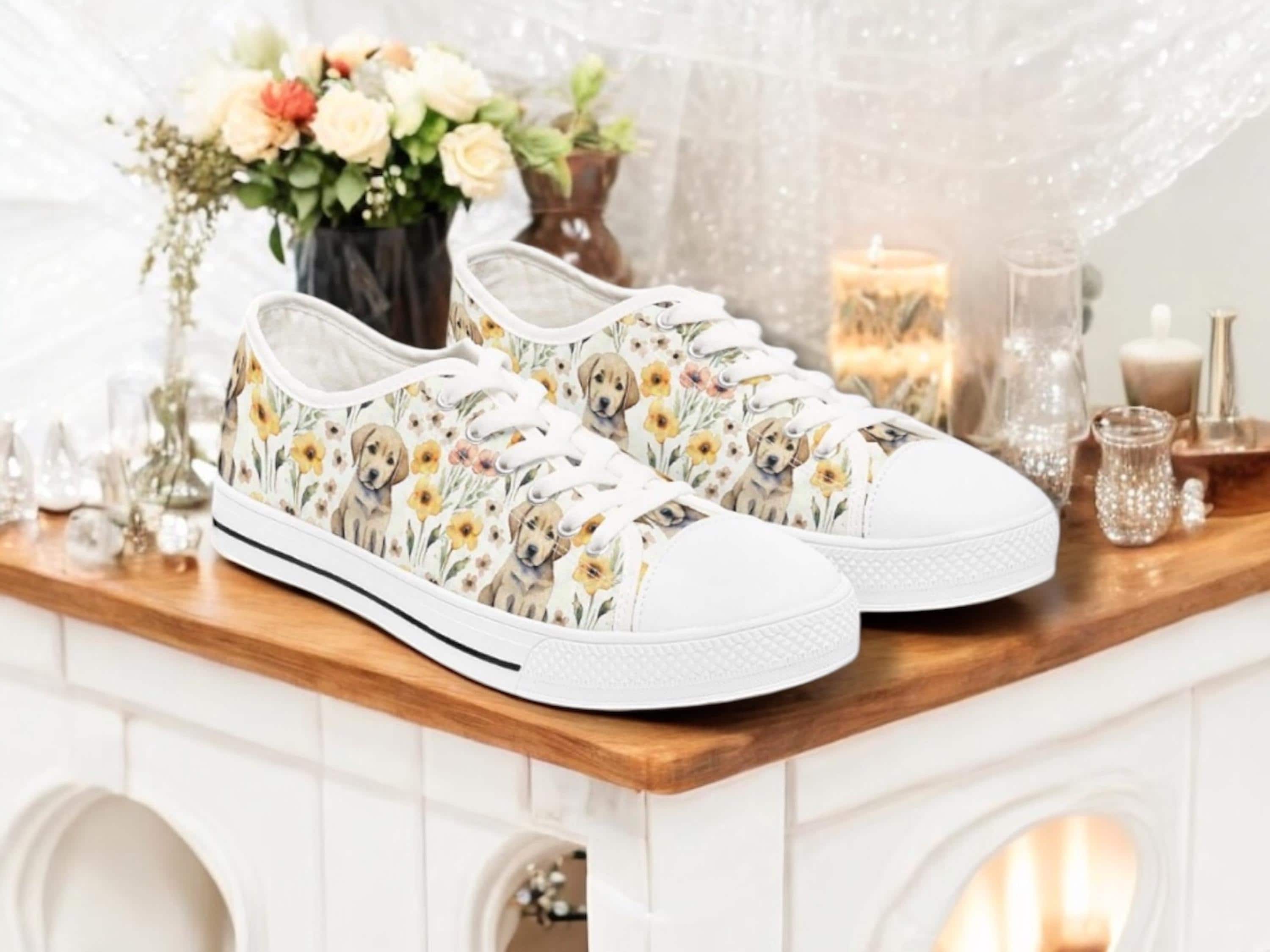 Yellow Labrador Golden Retriever Low Top Sneakers Floral Dog Print Lace…