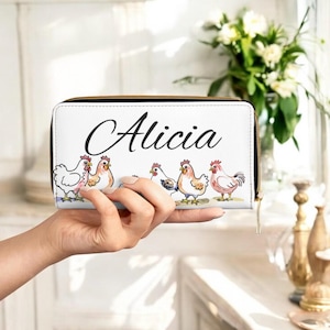 Cartera de pollo personalizada con nombre, monedero de piel vegana con cremallera de animal de granja, diseño rústico de gallina, regalo para mujer, estilo Farmcore