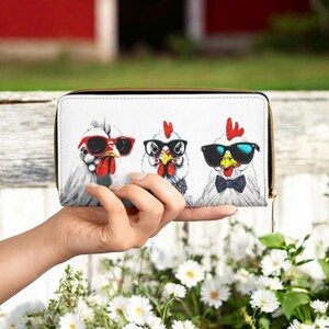 Funny Chicken Wallet for Women with Sunglasses Hen Print, Cute Farm Animal Zipper Clutch Purse, Chicken Lover Gift for Her or Mom