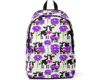 Purple Dairy Cows Unisex Fabric Backpack, Dairy Cows Knapsack