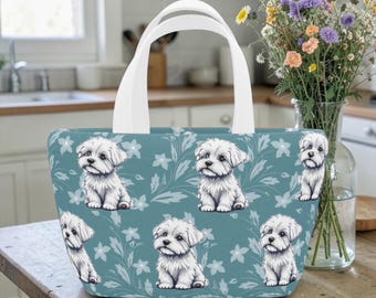 Maltese Lunch Bag, Fluffy White Dog Insulated Tote, Maltie Floral Lunchbox, Maltese Mom Lunch Bag Gift