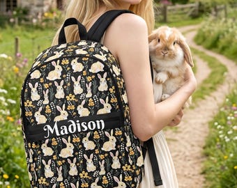 Custom Name Bunny Backpack, Dark Floral Rabbit School Bag, Personalized Bunnycore Canvas Bookbag, Bunny Back to School Gift