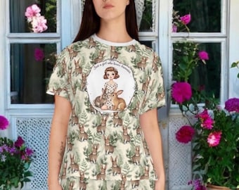 Conjunto de pijama de dos piezas con estampado de conejo para mujer, estilo cottagecore.