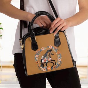 Boho Watercolor Floral Bay Horse Shoulder Handbag, Cute Horse Purse, Vegan Leather Bohemian Bag - Horse Lover Gifts
