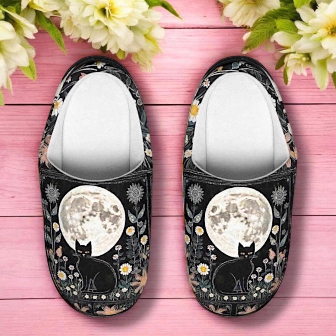 Celestial Black Cat Slippers, Floral Moon Cat House Shoes, Dark
