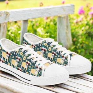 Cute Cow Print Womens Sneakers With Sunglasses Design And Sunflower Background, Funny Farm Animal Canvas Shoes For Cow Lovers