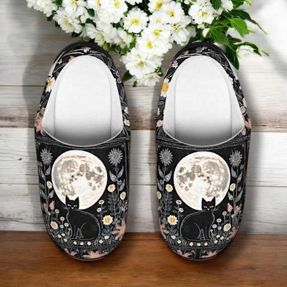 Celestial Black Cat Slippers, Floral Moon Cat House Shoes, Dark