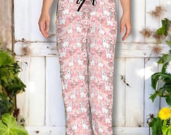 Pantalones de pijama de conejito rosa, pijama de descanso con estampado floral de conejo