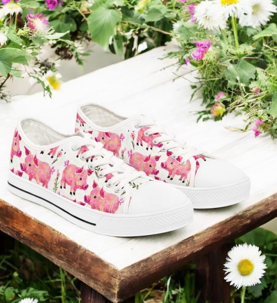 Pink Pig Sneakers for Women Farm Animal Print Shoes With Piglet