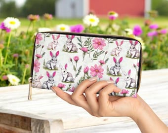 Bunny Rabbit Wallet, Pink Floral Animal Print Zip Around Clutch